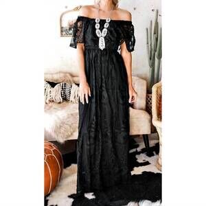NEW DRESS DAY lace off shoulder maxi dress in black